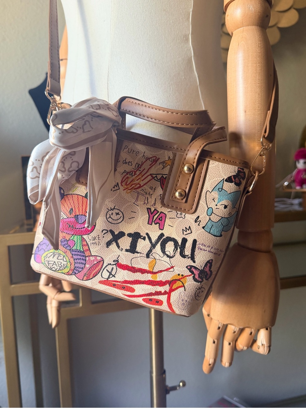 Graffiti Teddy Bear Mini Satchel Crossbody Bag Cute Kawaii Street Art NWOT - Picture 7 of 13